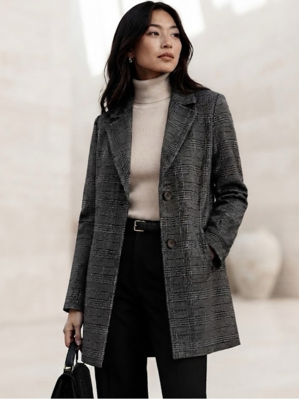 Black Tape Gray Plaid Button Front Single-Breasted Trench Coat Size XS